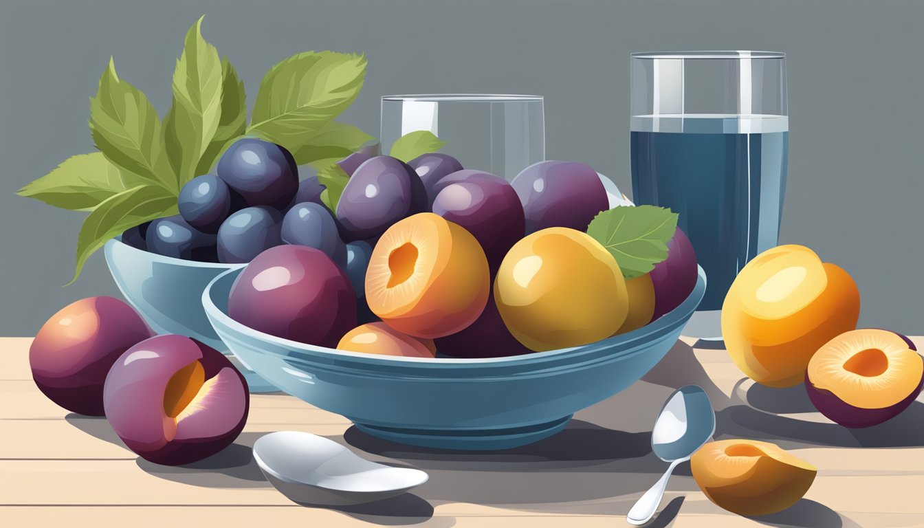 A bowl of assorted low-sugar fruits, including plums, arranged on a breakfast table with a glass of water