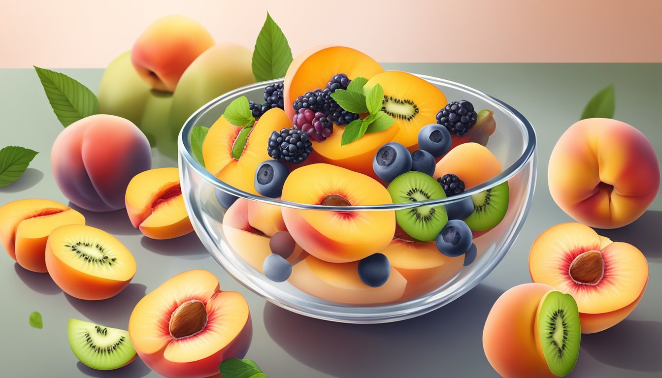 A bowl of sliced peaches surrounded by other low-sugar fruits like berries and kiwi, with a glass of water on the side