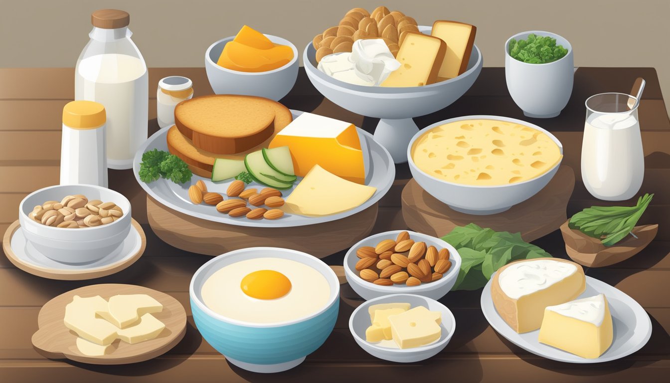 A breakfast table with a variety of low-fat cheeses and protein-rich foods, such as eggs, yogurt, and nuts, arranged in an inviting display