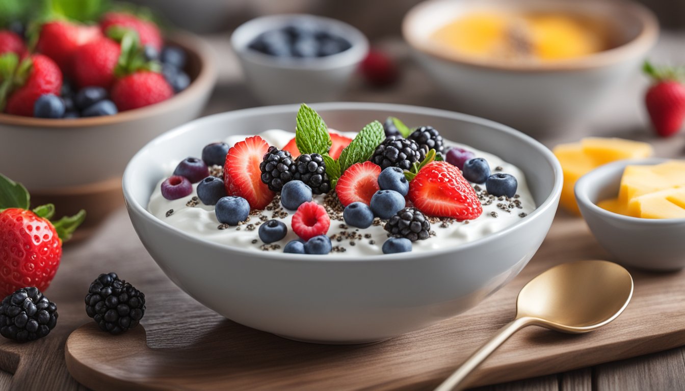 A bowl of Greek yogurt topped with fresh berries and chia seeds sits on a wooden table, surrounded by other vegetarian breakfast options