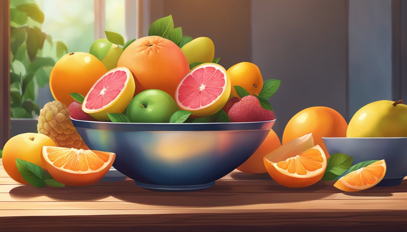 A bowl filled with various low-sugar fruits, including a vibrant grapefruit, sits on a wooden table in the morning sunlight