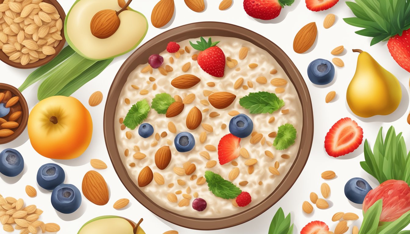 A bowl of oatmeal topped with almond milk and nuts, surrounded by various fruits and vegetables