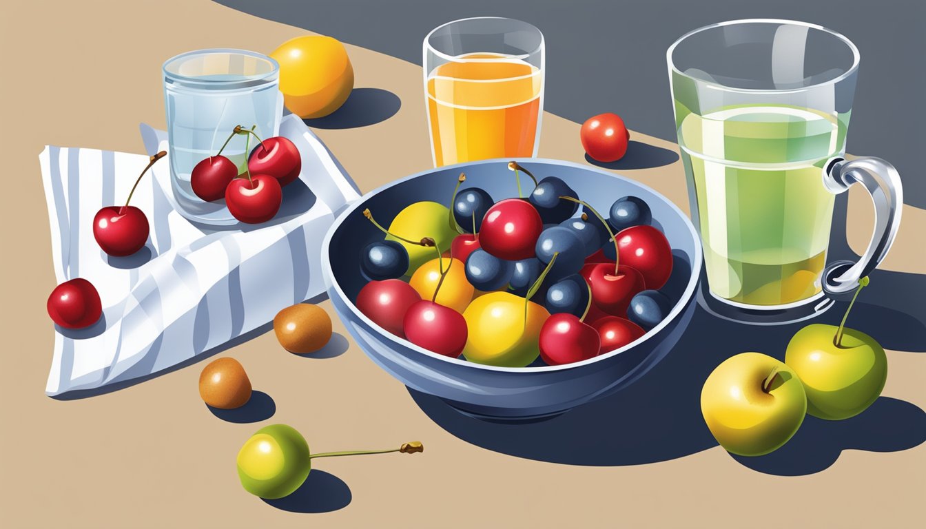 A bowl of assorted low-sugar fruits, including cherries, displayed on a breakfast table with a glass of water and a napkin