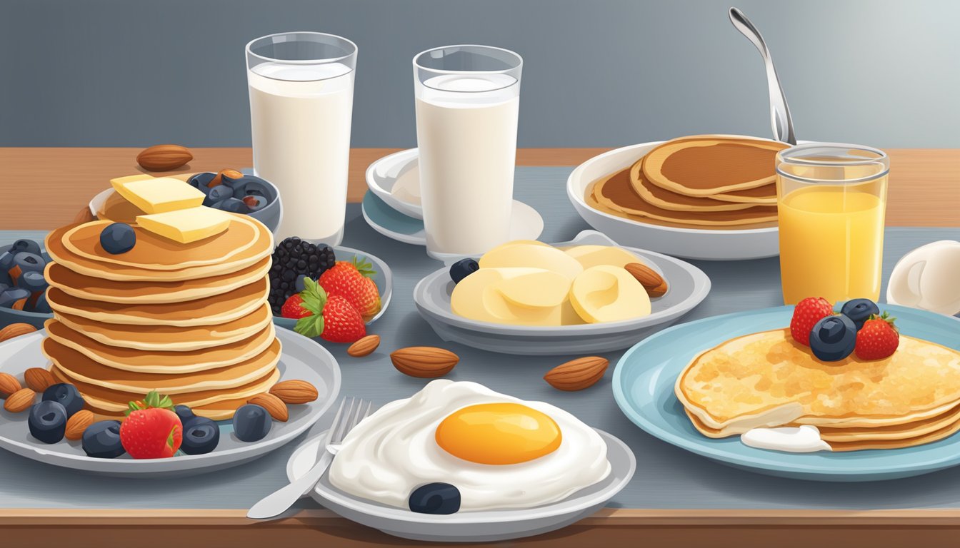 A table set with a variety of protein-packed breakfast options, including a stack of protein pancakes, eggs, yogurt, nuts, and fruit