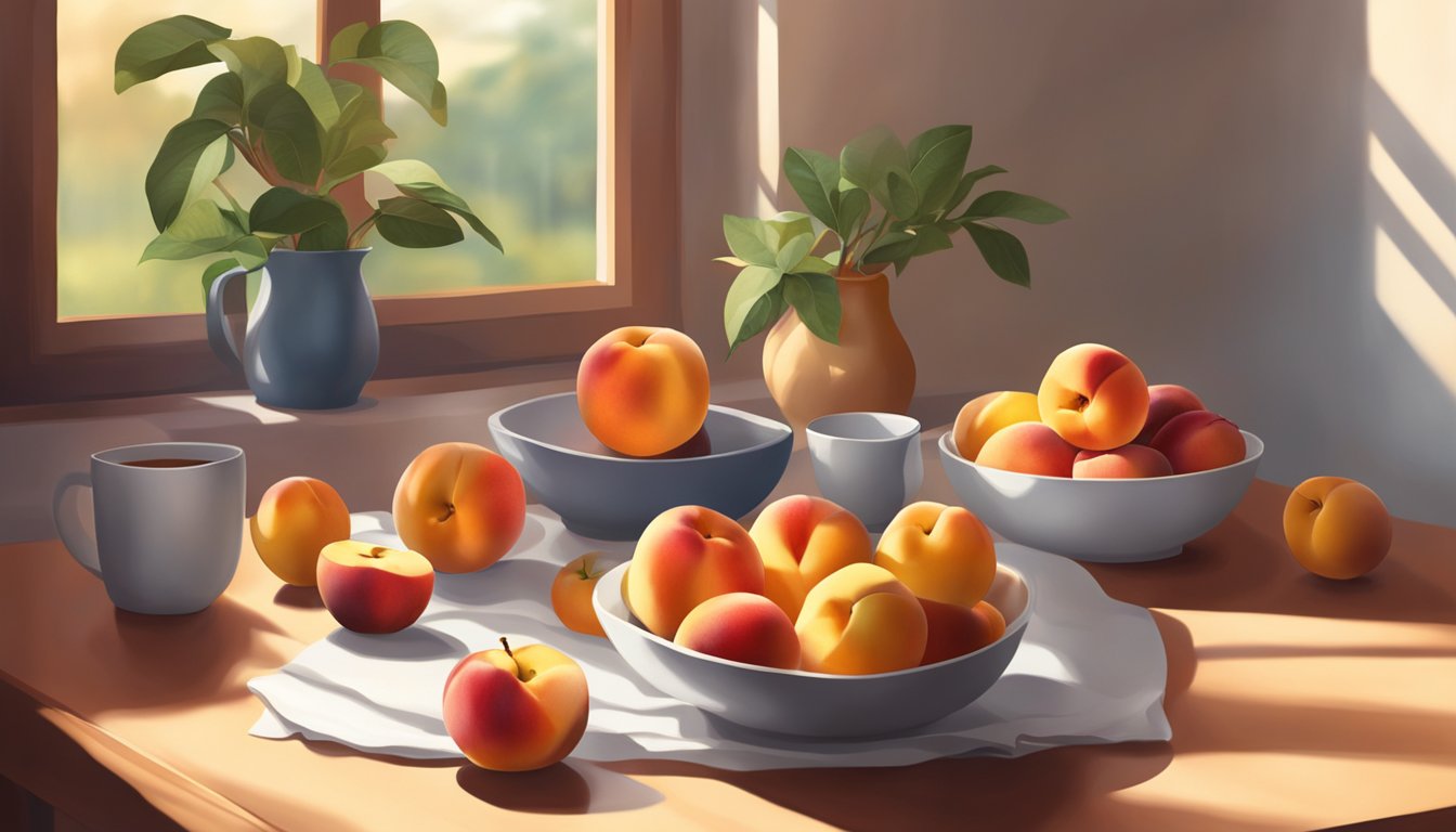 A bowl of nectarines surrounded by other low-sugar fruits on a breakfast table. Sunrise light streams in through a window, casting a warm glow on the scene