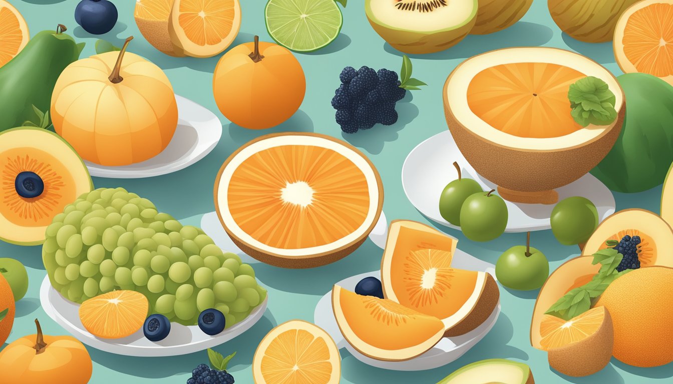 A colorful array of low-sugar fruits, including cantaloupe, arranged on a breakfast table