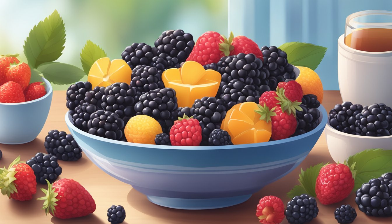 A bowl of blackberries surrounded by a variety of low-sugar fruit options, such as strawberries, raspberries, and blueberries, arranged on a breakfast table