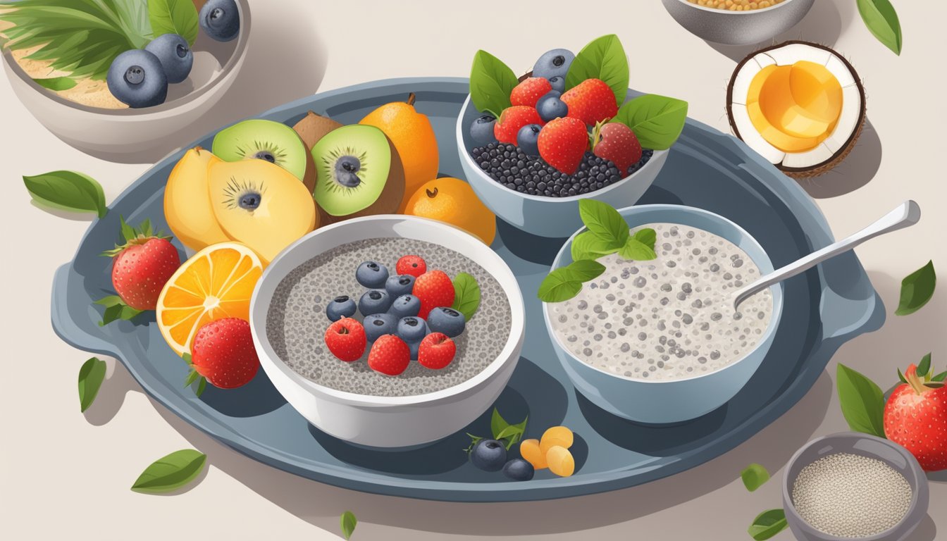 A bowl of chia seed pudding sits on a table, surrounded by coconut milk, fresh fruit, and other vegetarian breakfast items