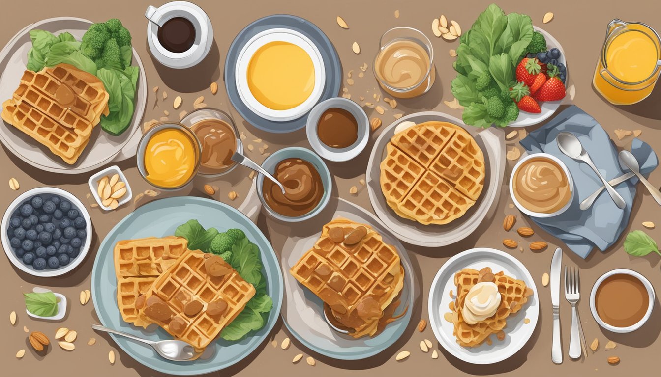 A plate of whole grain waffles topped with almond butter, surrounded by various vegetarian breakfast items