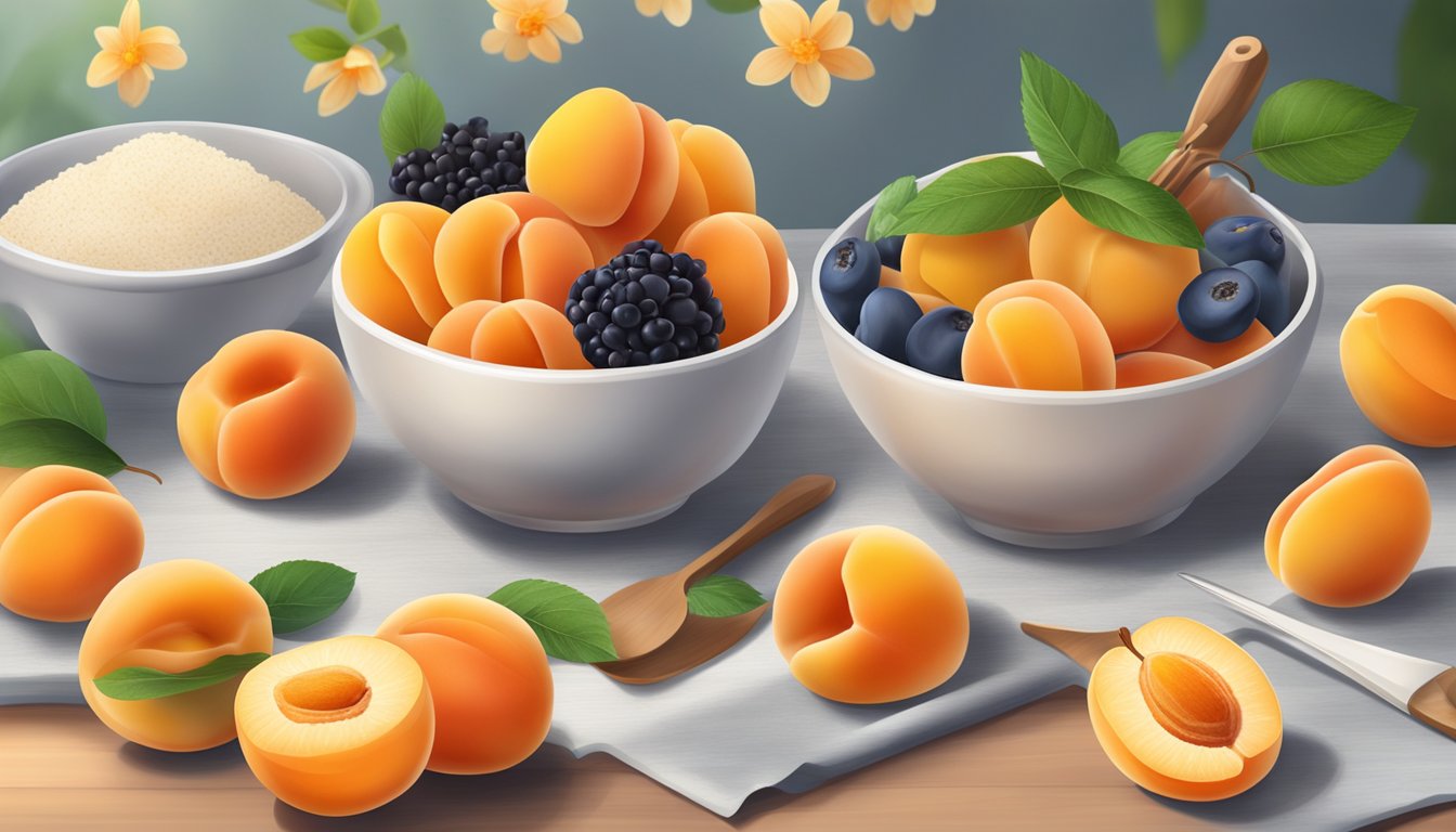 A bowl of apricots surrounded by a variety of low-sugar fruits, set on a breakfast table with a plate and utensils