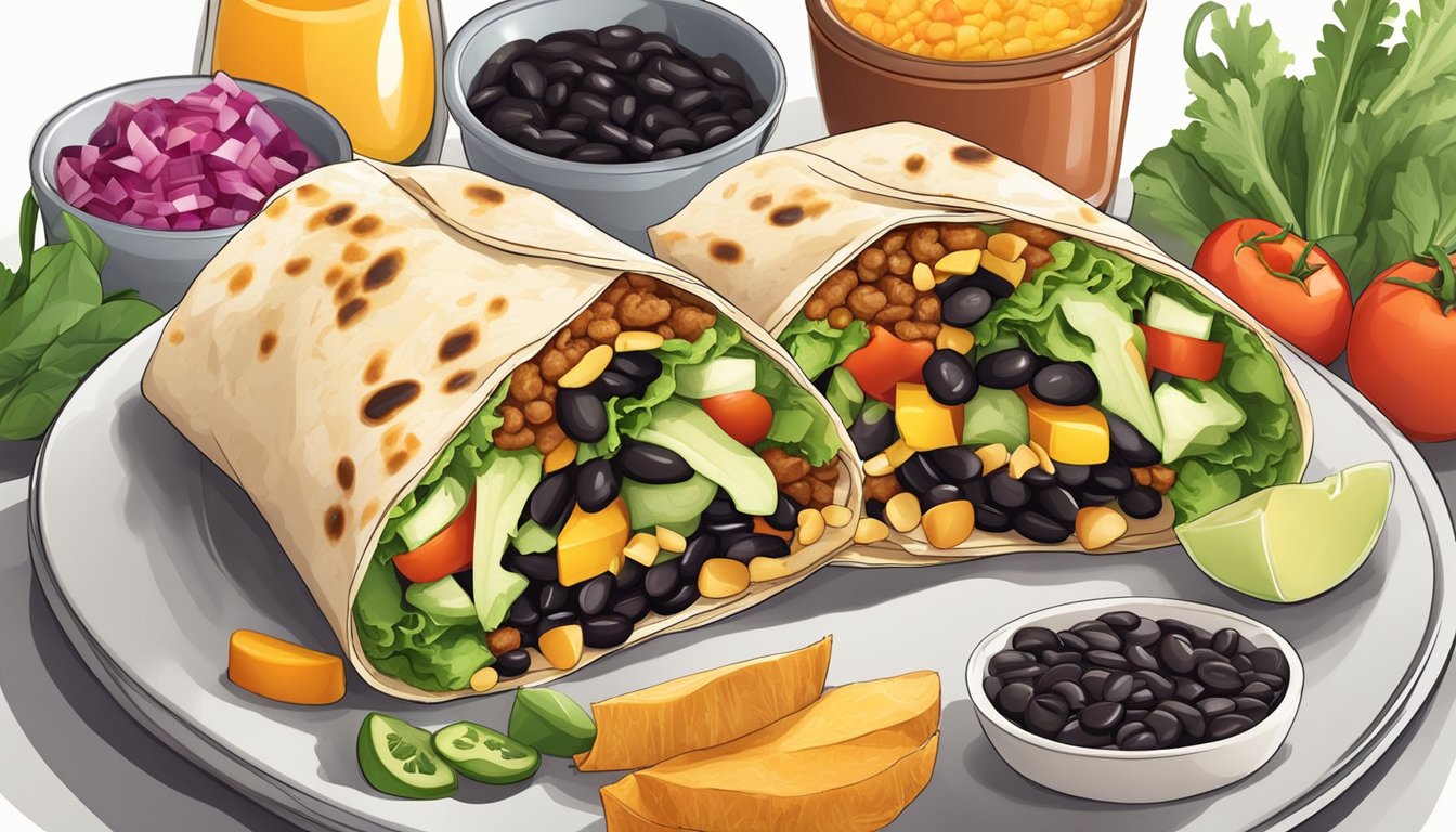 A colorful breakfast burrito filled with black beans and a variety of vegetables, surrounded by other vegetarian breakfast options for diabetics