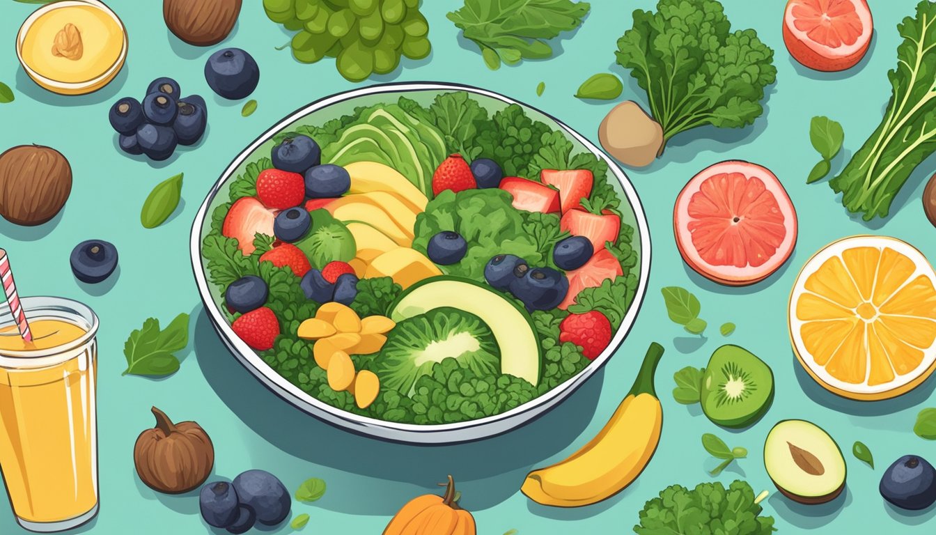 A colorful smoothie bowl topped with kale and almonds surrounded by various fruits and vegetables