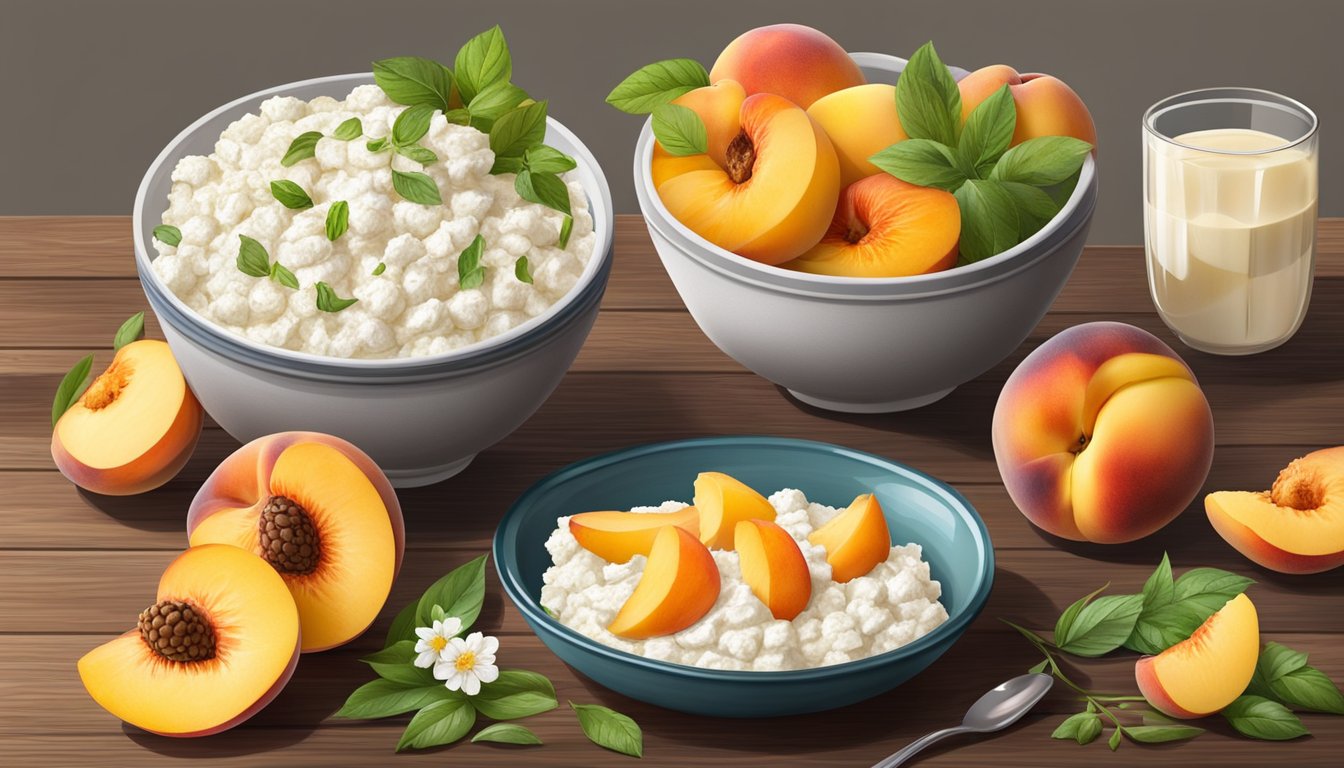 A bowl of cottage cheese topped with sliced peaches on a wooden table, surrounded by various vegetarian breakfast items