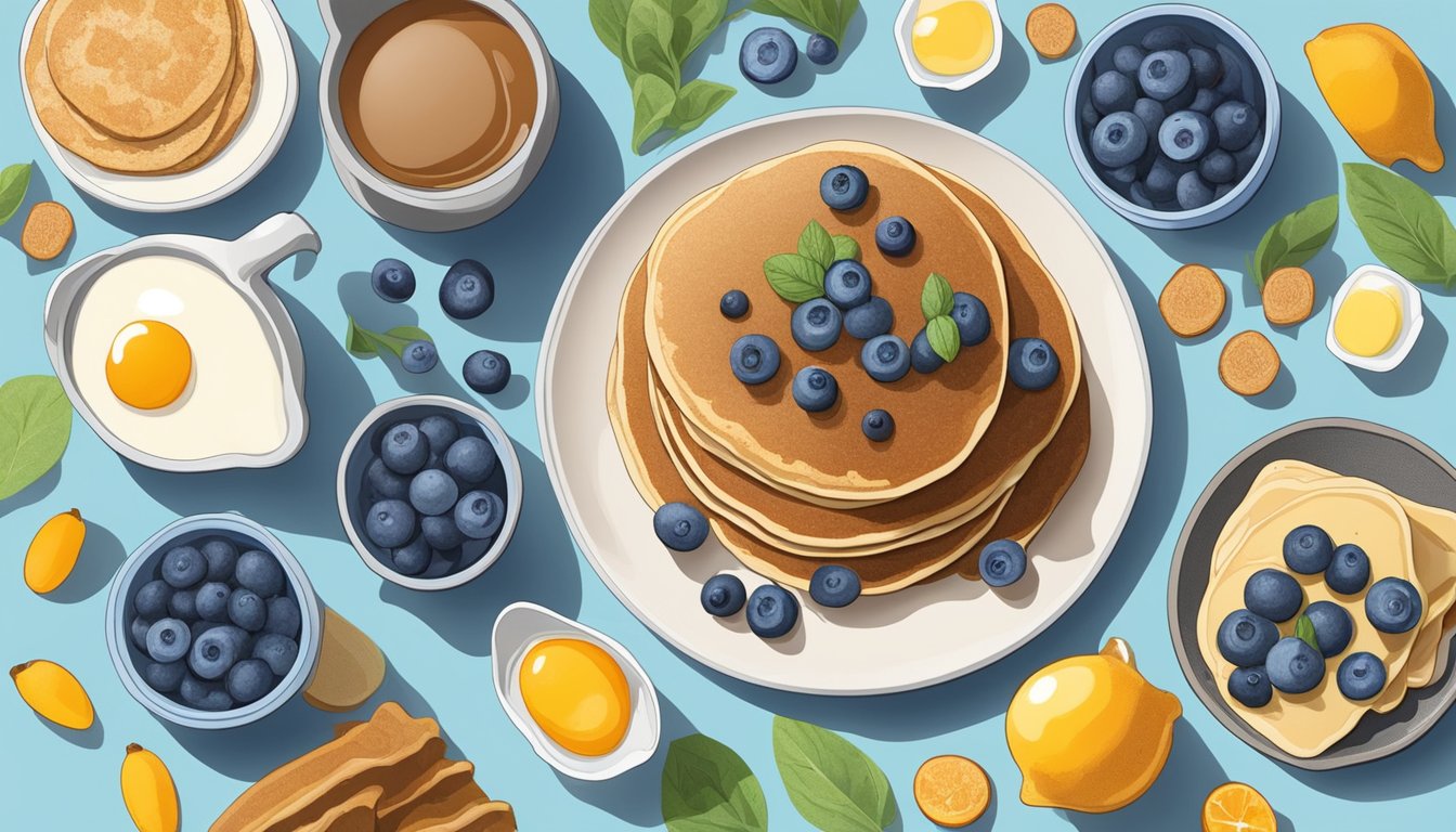 A plate of buckwheat pancakes topped with fresh blueberries, surrounded by various vegetarian breakfast items