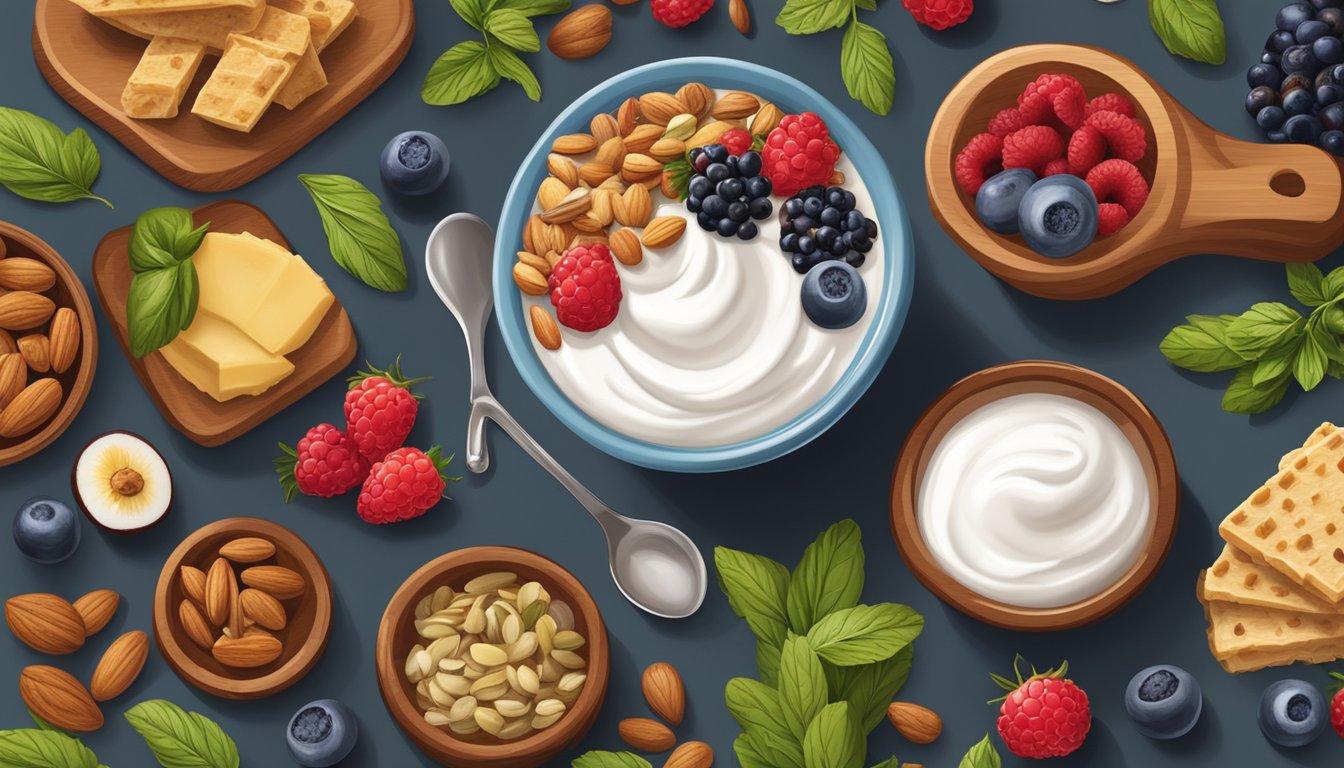 A bowl of Greek yogurt topped with nuts and berries sits on a wooden table, surrounded by a variety of savory breakfast items