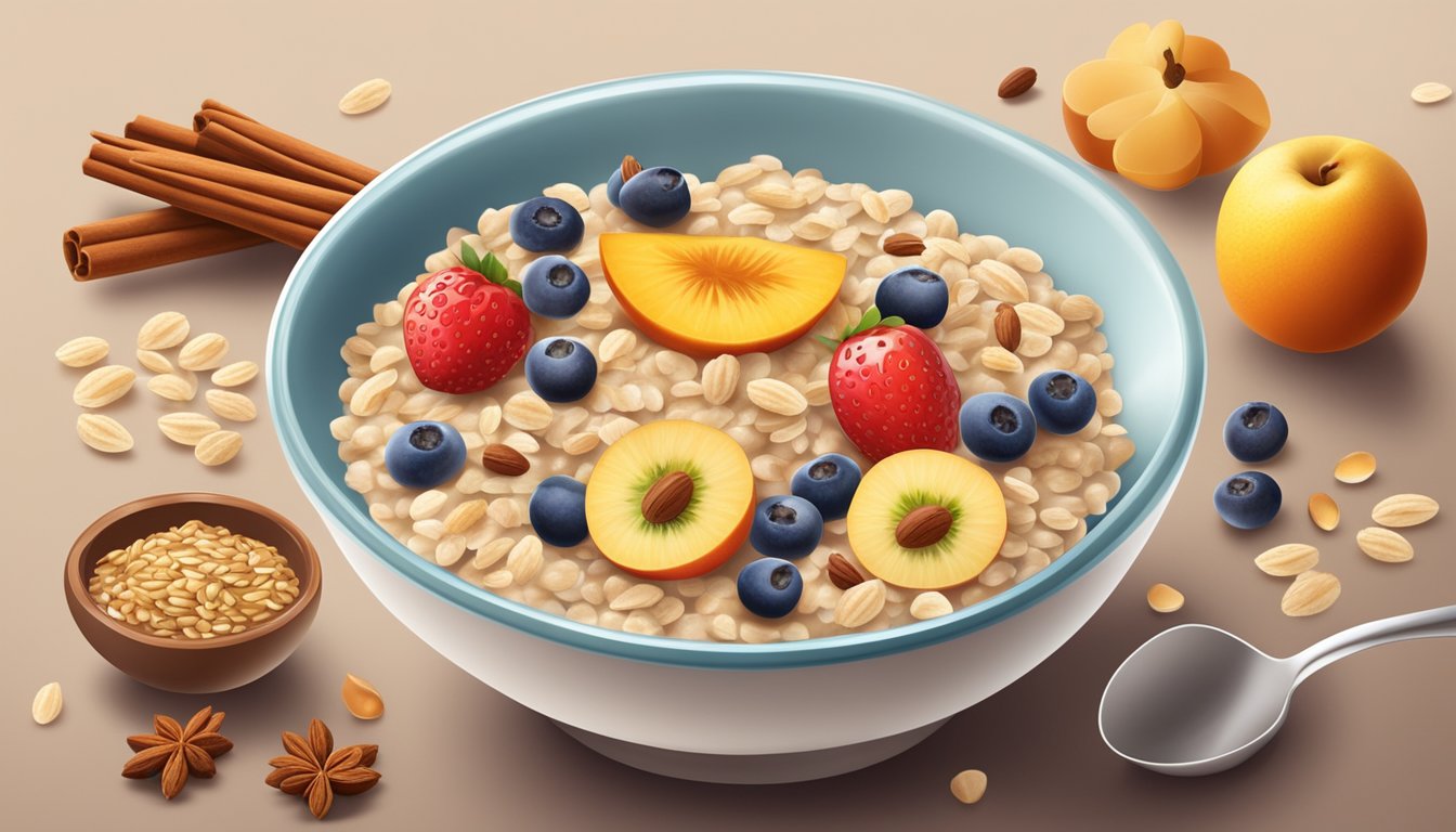 A bowl of whole grain oatmeal with a sprinkle of cinnamon, surrounded by colorful fruits and nuts