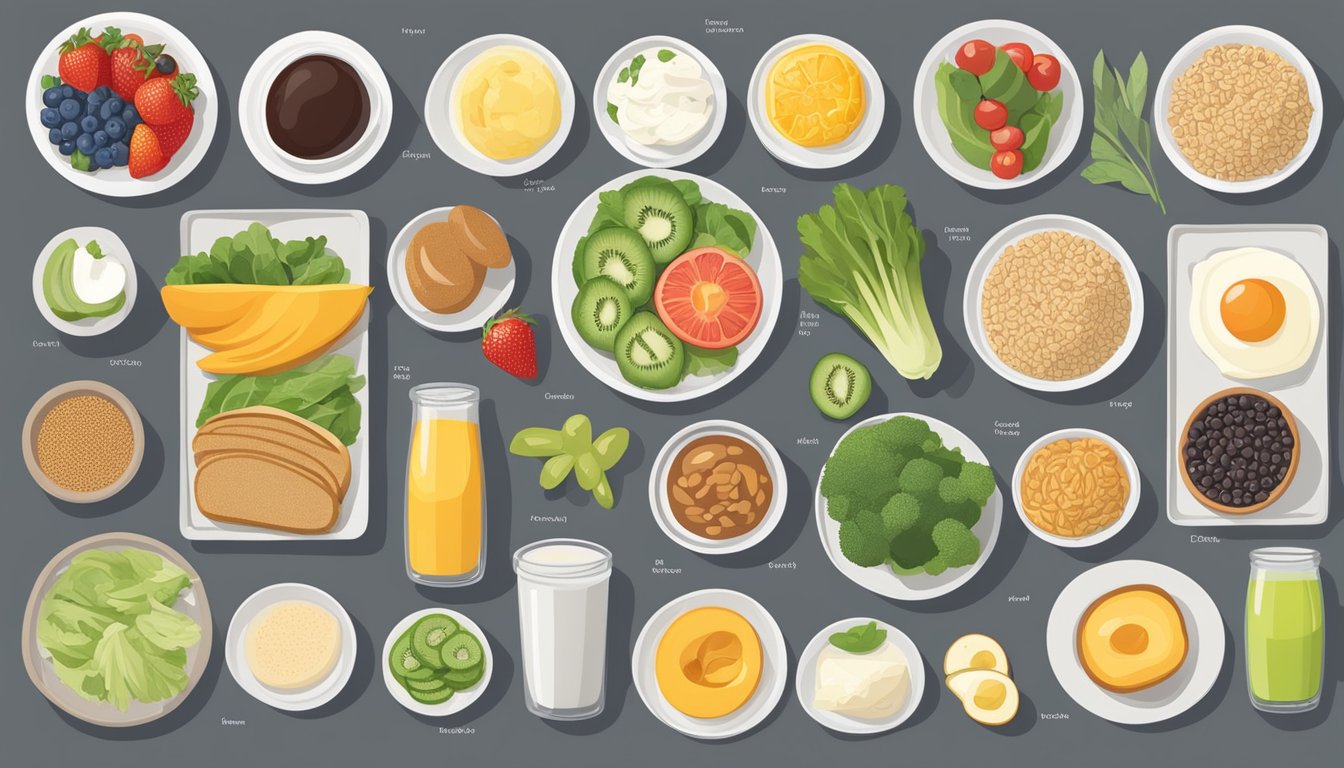 A table set with a variety of vegetarian breakfast options, including fruits, vegetables, whole grains, and dairy alternatives, all labeled with their respective nutritional information