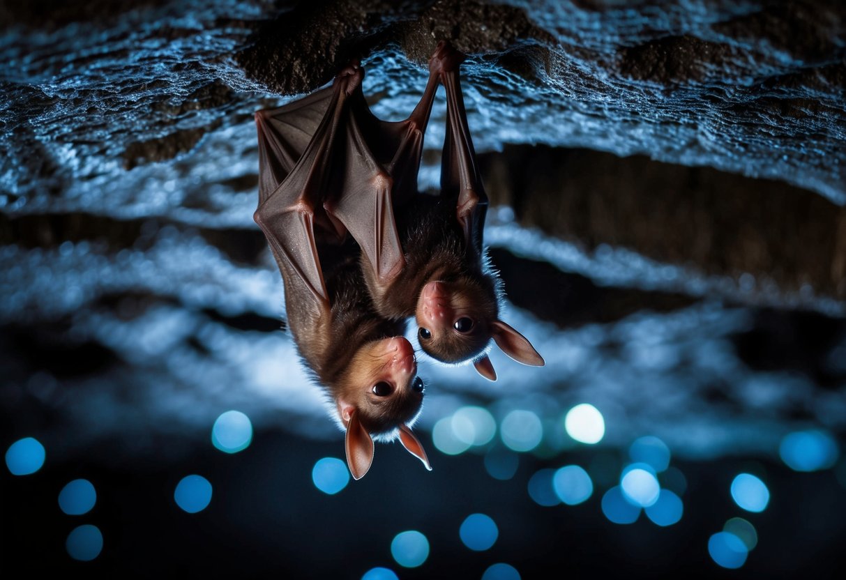 A baby bat clinging to its mother as they hang upside down in a dark cave