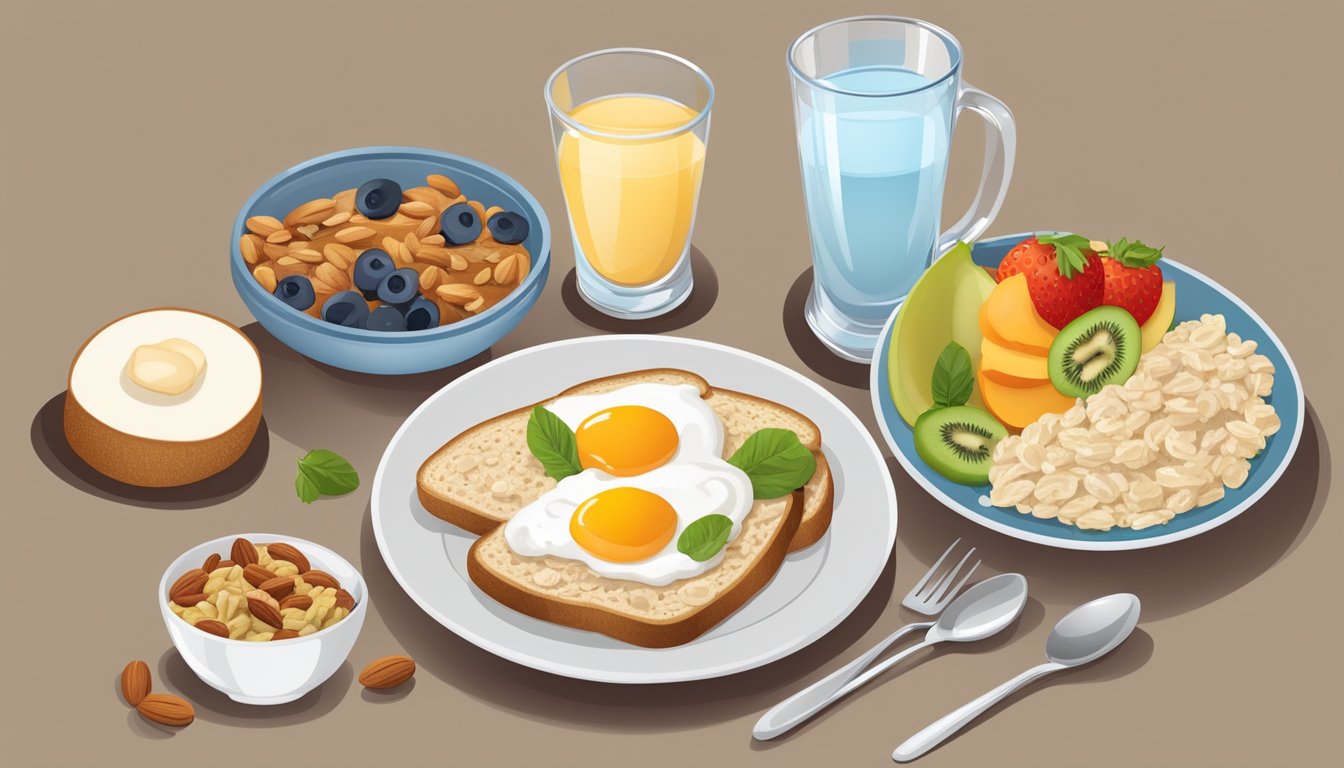 A table set with a variety of vegetarian breakfast foods, such as oatmeal, fruit, yogurt, and whole grain toast, with a glass of water and a plate of nuts