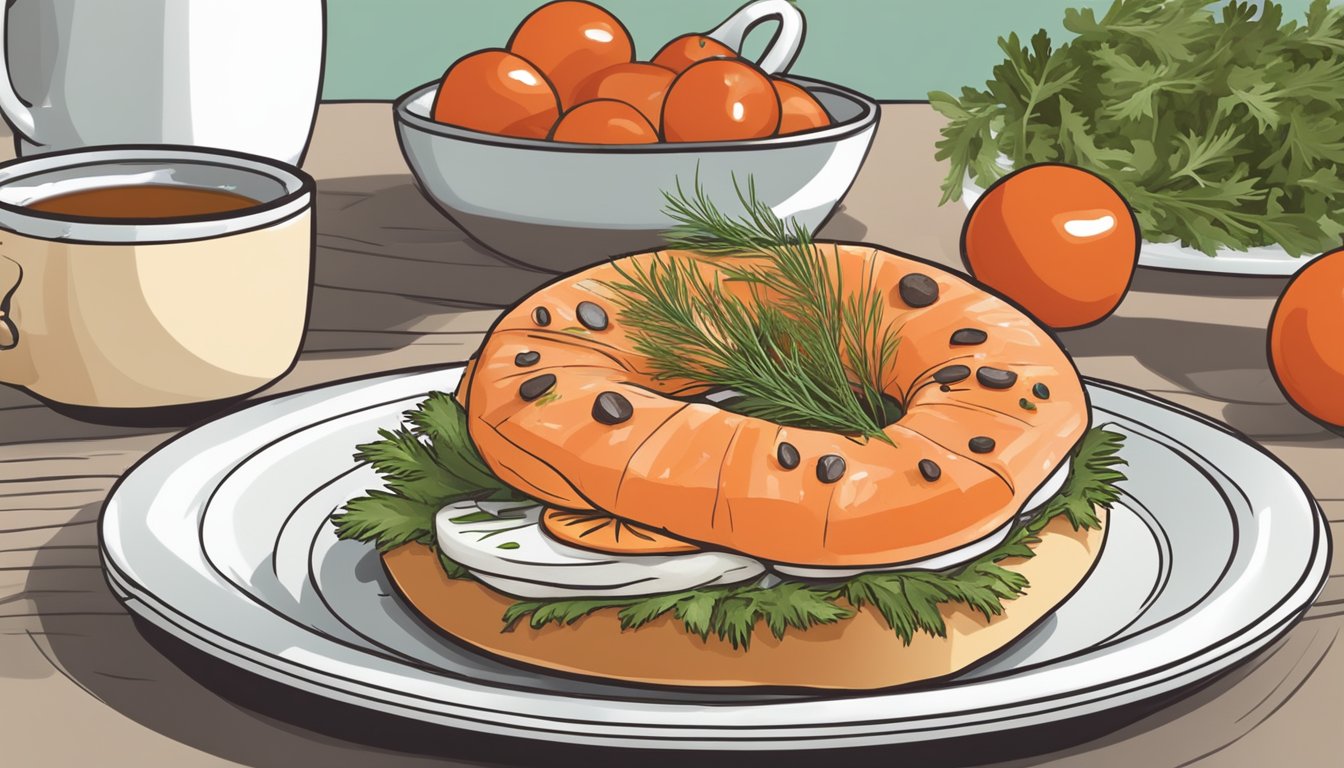 A whole wheat bagel topped with smoked salmon, sliced tomatoes, and fresh dill on a plate, accompanied by a side of mixed greens and a cup of black coffee