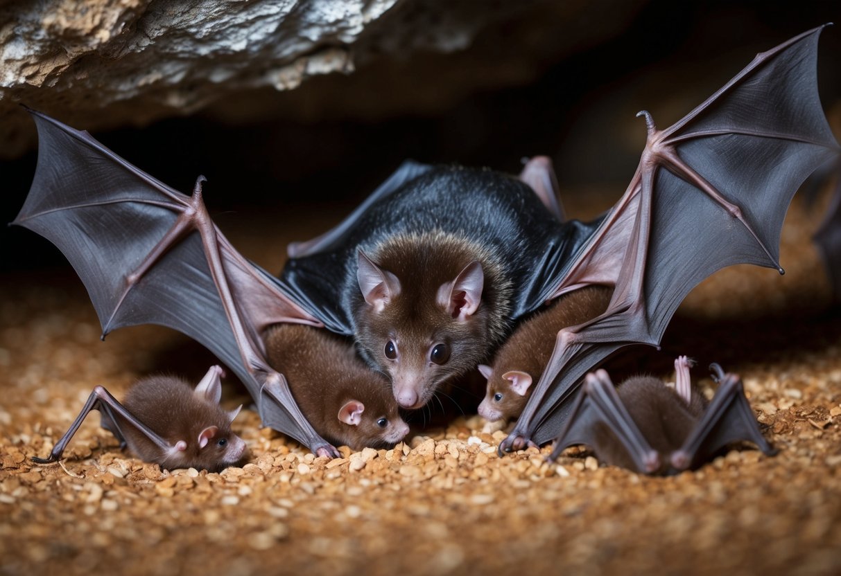 A mother bat caring for her pups in a cozy cave, surrounded by fluttering wings and tiny furry bodies