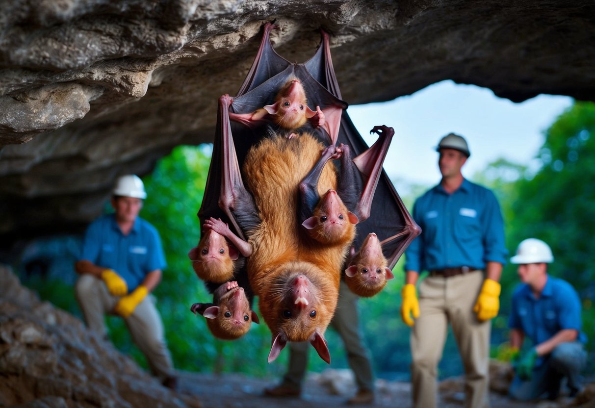 A mother bat hangs upside down in a cave, surrounded by her young clinging to her fur. Outside, conservationists work to protect their habitat