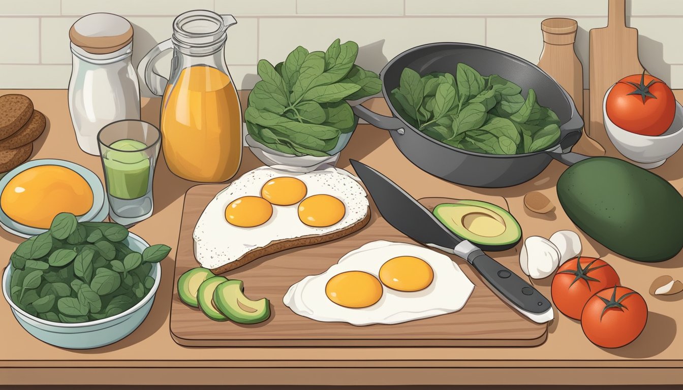 A kitchen counter with a variety of low-glycemic ingredients such as eggs, avocados, spinach, tomatoes, and whole grain bread. A skillet and cutting board are nearby