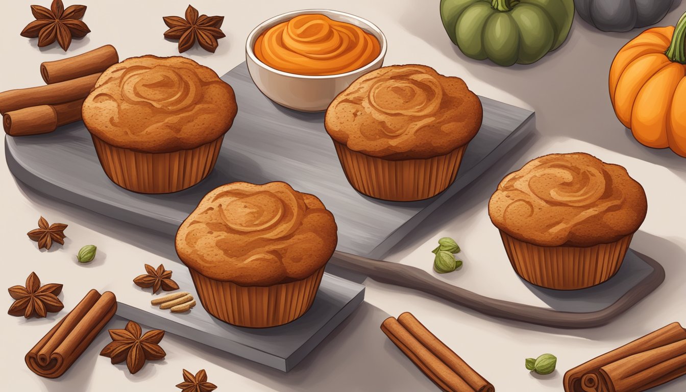 A table set with a variety of freshly baked pumpkin spice muffins, surrounded by ingredients like cinnamon, nutmeg, and pumpkin puree