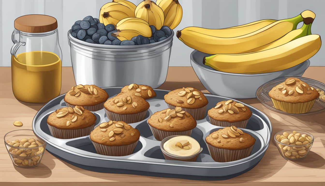 A kitchen counter with a tray of freshly baked banana nut muffins, surrounded by ingredients like bananas, nuts, and a mixing bowl