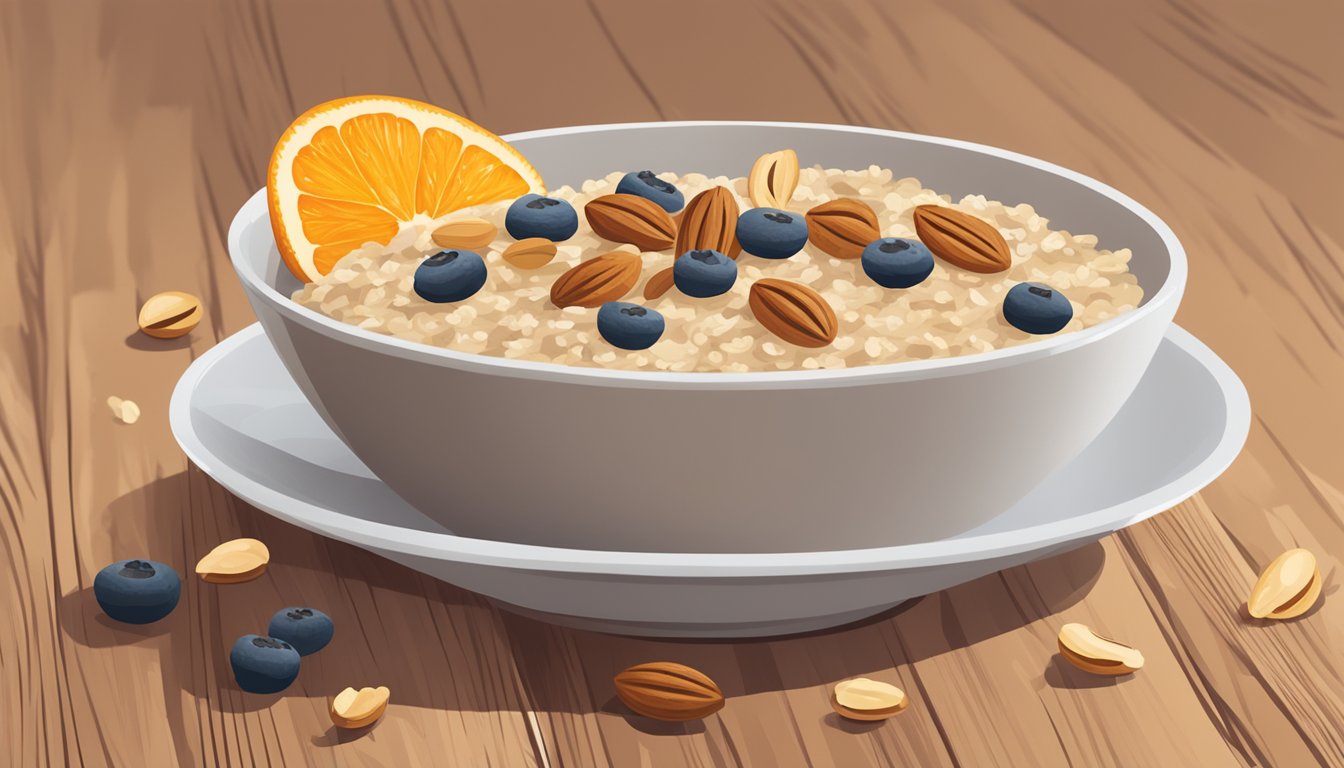 A bowl of oatmeal topped with walnuts, almonds, and chia seeds sits on a wooden table next to a glass of orange juice