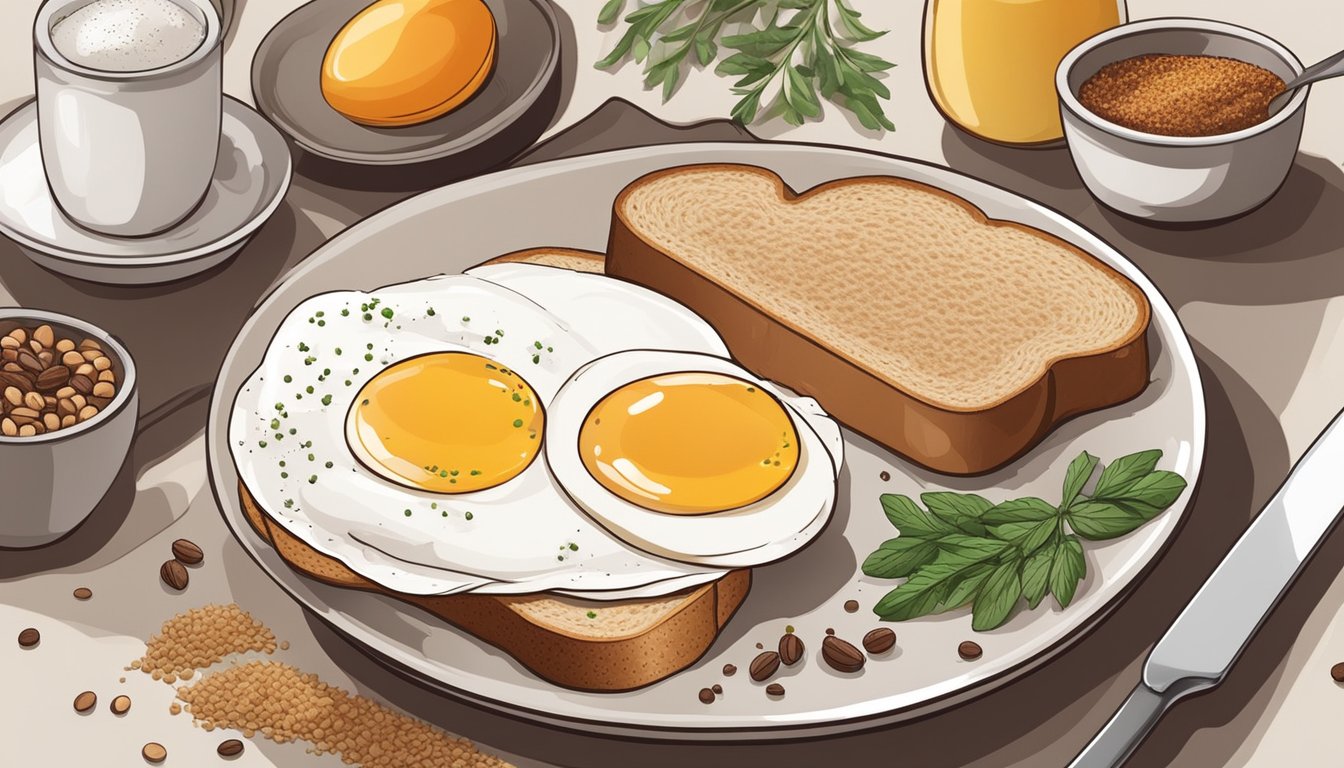 A boiled egg sits next to a whole-grain toast on a plate, surrounded by various ingredients and spices, suggesting different ways to use eggs in a diabetic breakfast