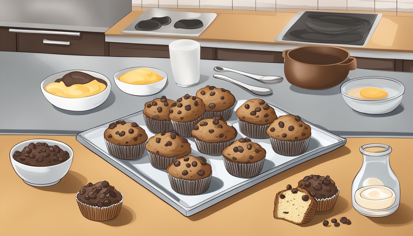 A kitchen counter with a plate of freshly baked chocolate chip muffins surrounded by ingredients like flour, eggs, and chocolate chips