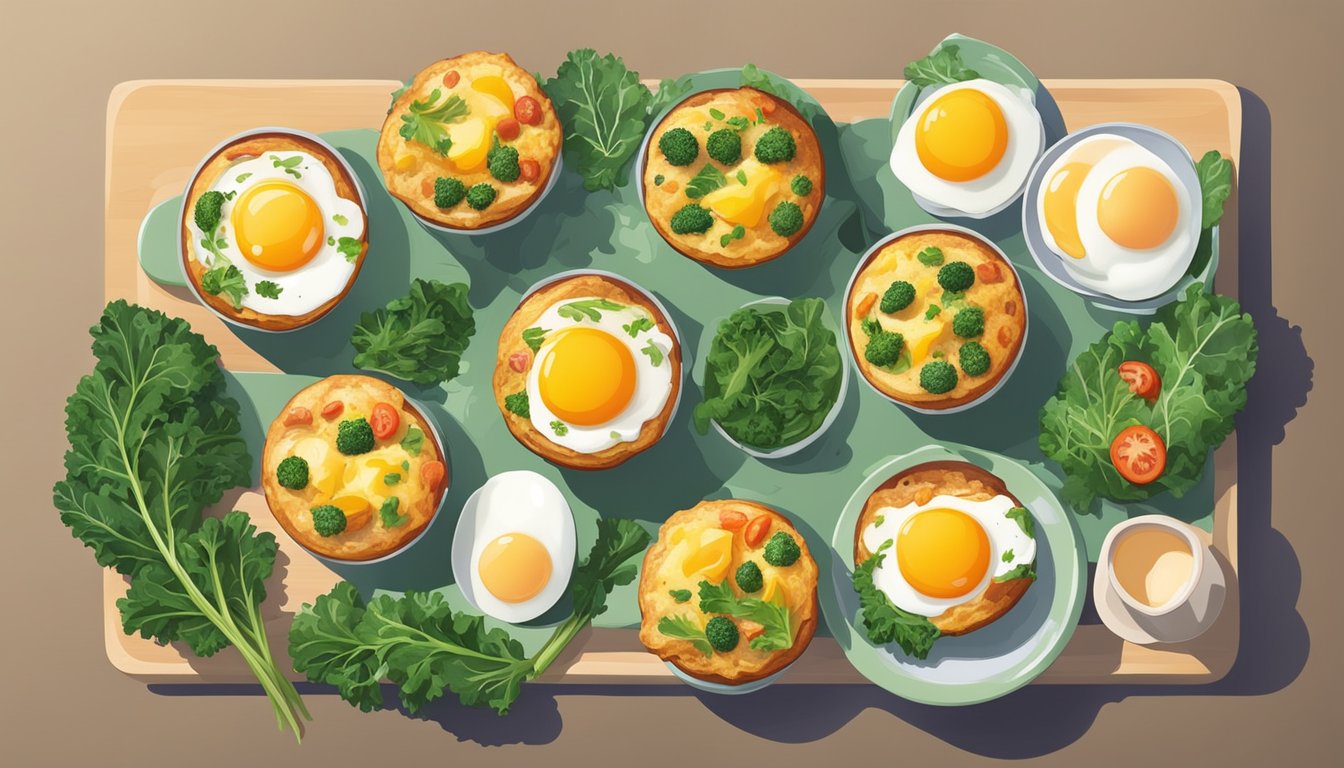 A colorful array of egg muffins surrounded by various kale leaves and other breakfast ingredients, arranged in a visually appealing manner