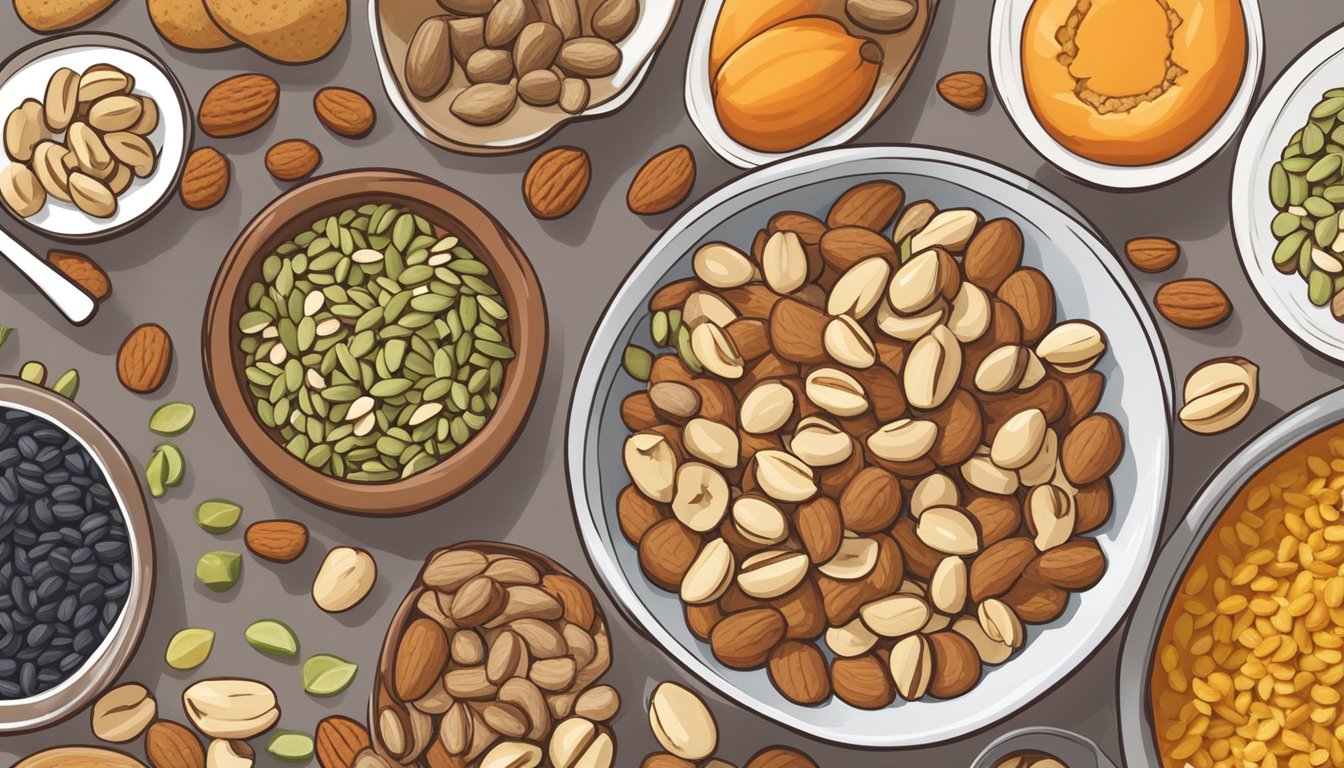 A bowl of mixed nuts and seeds, including pumpkin seeds, sits on a breakfast table next to a plate of diabetic-friendly foods