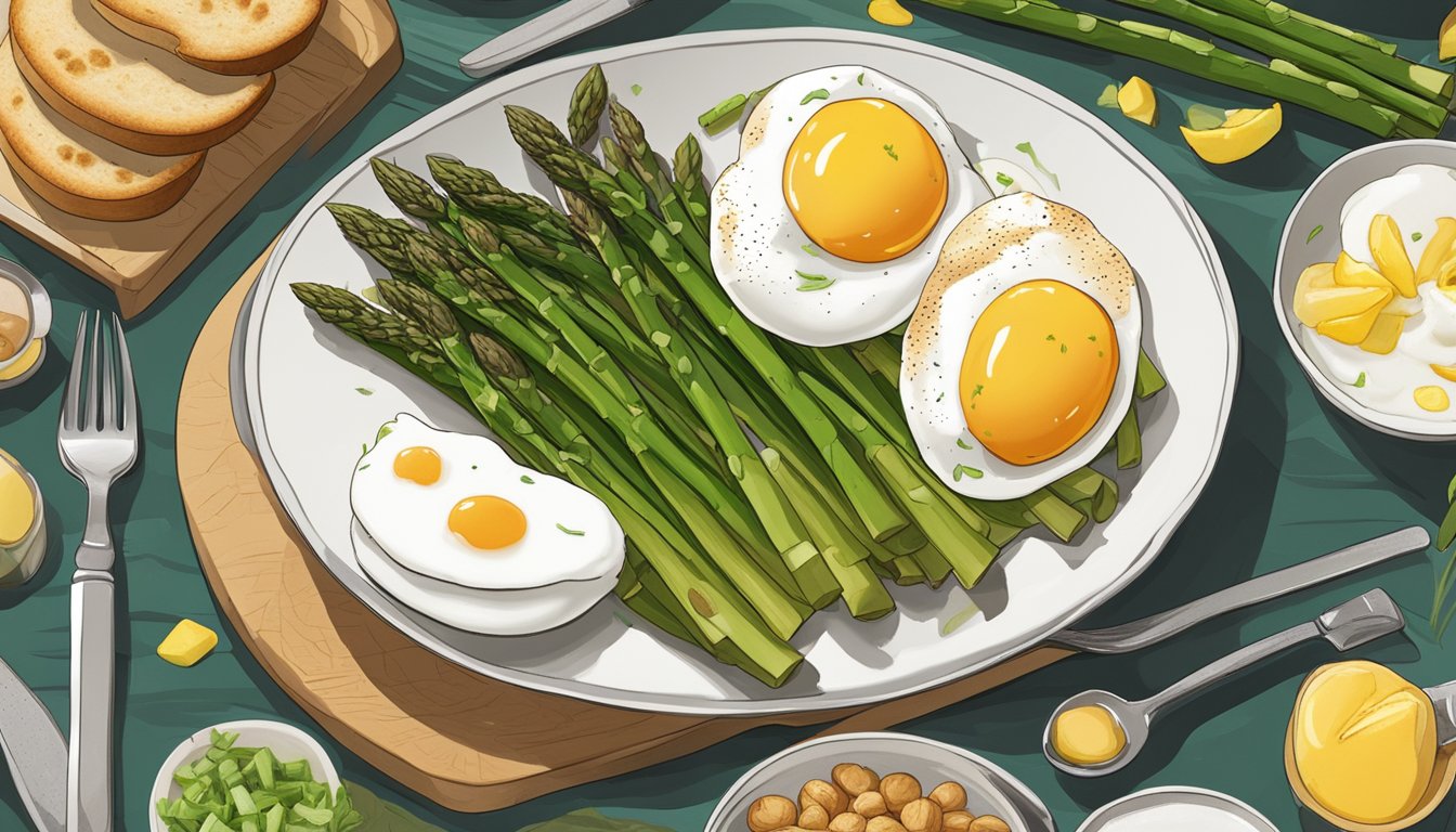 A plate of poached eggs sits atop a bed of asparagus, surrounded by various breakfast items