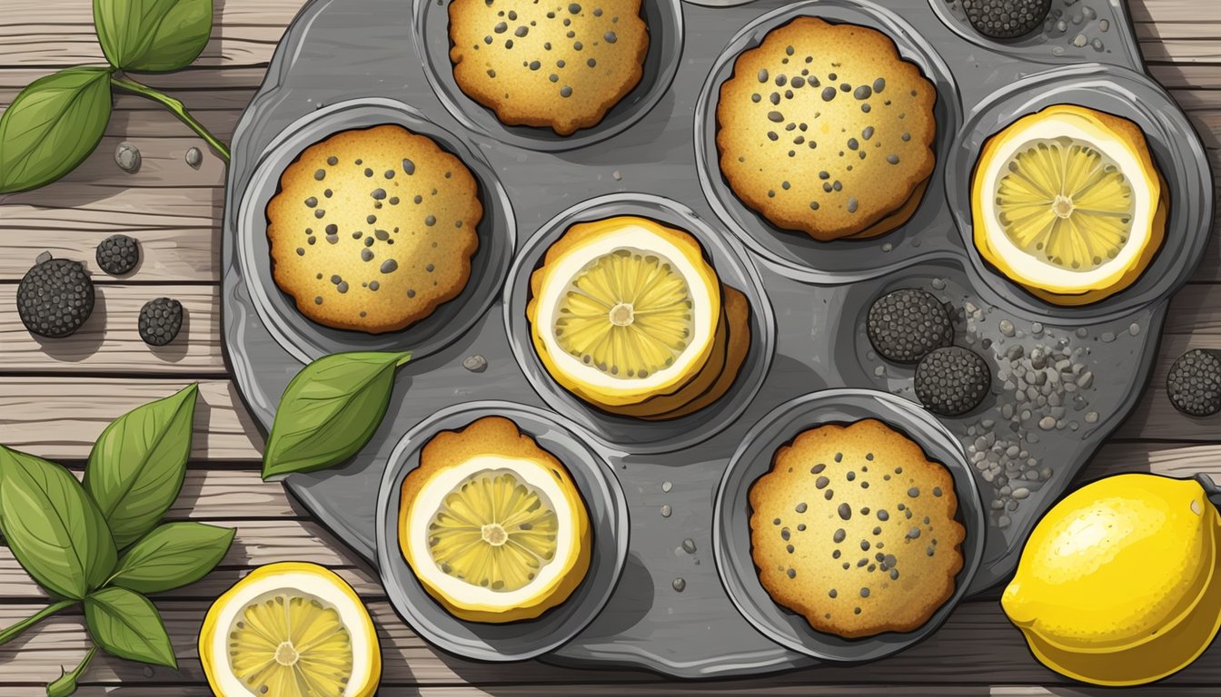 A plate of lemon poppy seed muffins surrounded by fresh lemons and poppy seeds on a rustic wooden table