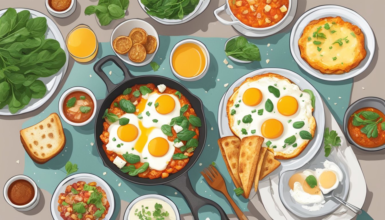 A colorful plate of shakshuka with feta and spinach surrounded by various egg-based breakfast dishes