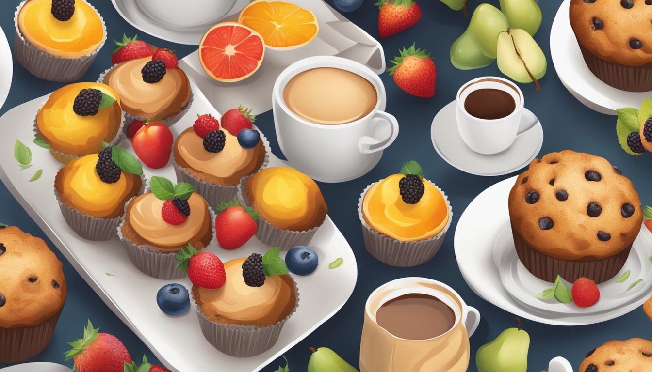 A table spread with an assortment of freshly baked muffins, surrounded by colorful fruits and a steaming cup of coffee