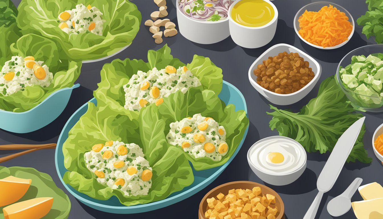 A colorful array of lettuce wraps filled with herbed egg salad, surrounded by various ingredients and utensils for creating diabetic-friendly breakfast options