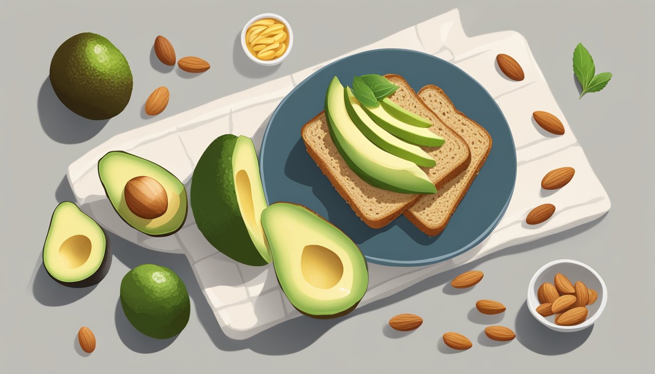 A slice of whole grain toast topped with sliced avocado and almonds, surrounded by fresh ingredients and a clean, minimalist kitchen backdrop