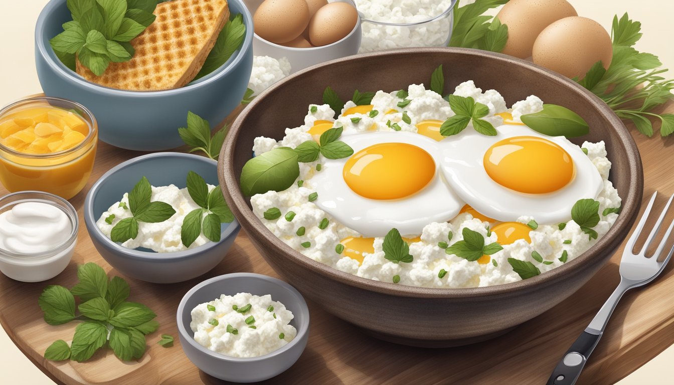 A rustic bowl filled with cottage cheese and eggs, surrounded by various breakfast ingredients and diabetic-friendly foods