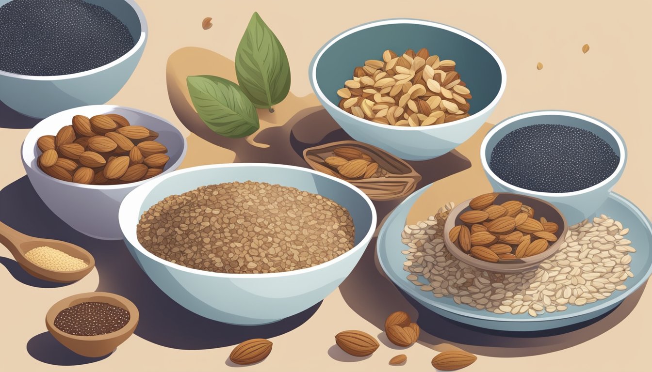 A colorful array of nuts and seeds arranged on a breakfast table. Almonds, walnuts, chia seeds, and flaxseeds are neatly displayed alongside a bowl of oatmeal and a plate of fresh fruit