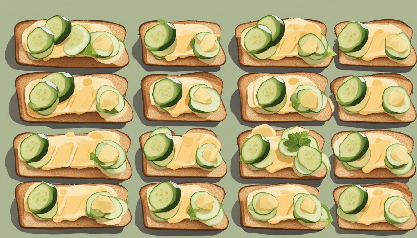 A plate with 10 slices of toast topped with hummus and cucumber slices, arranged neatly on a table