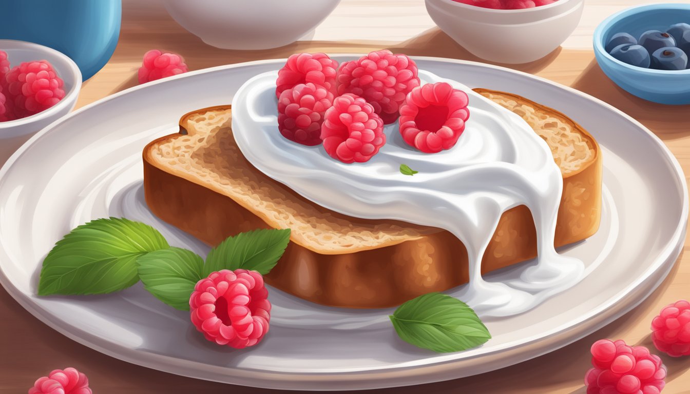 A slice of whole wheat toast topped with Greek yogurt and fresh raspberries