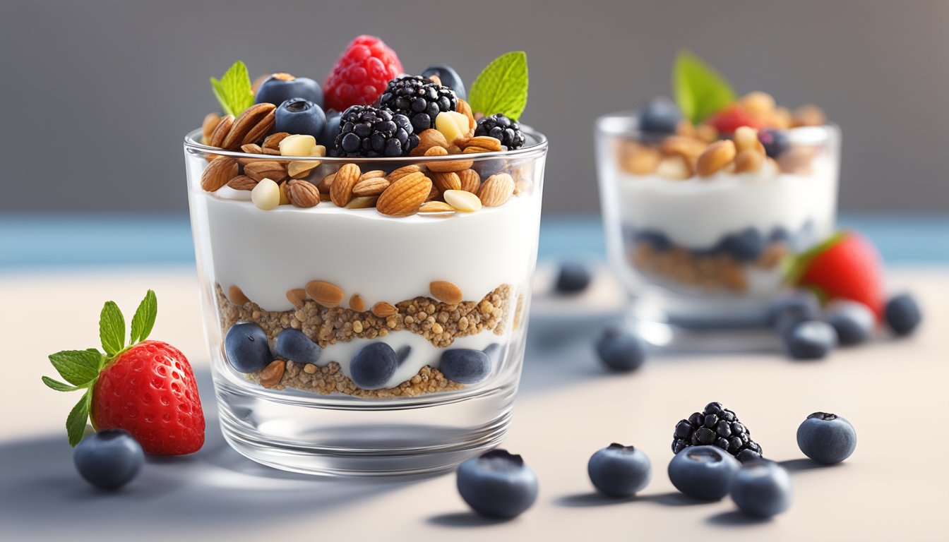 A glass parfait dish filled with layers of Greek yogurt, chia seeds, and nuts, topped with a sprinkle of granola and fresh berries