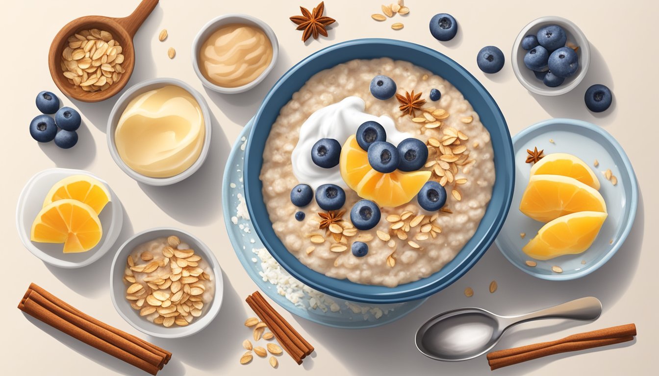 A bowl of oatmeal topped with Greek yogurt and a sprinkle of cinnamon sits on a table, surrounded by various breakfast ingredients