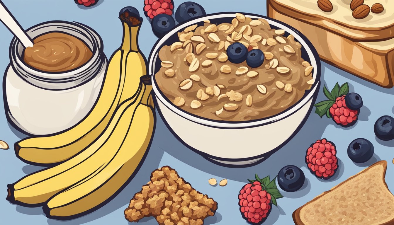 A bowl of mashed bananas with walnuts sits next to a plate of toast, surrounded by various toppings like berries and almond butter