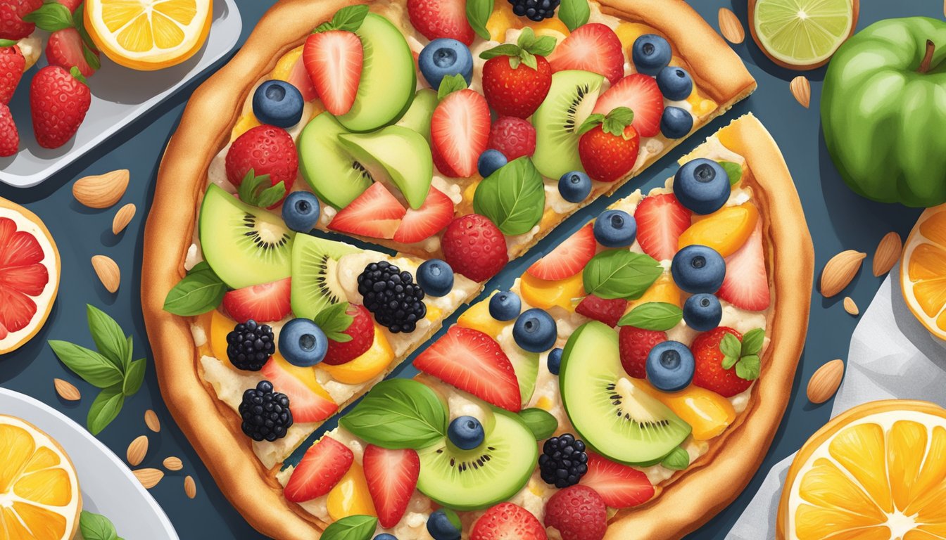 A breakfast pizza topped with almond flour crust, fresh fruits, and diabetic-friendly ingredients