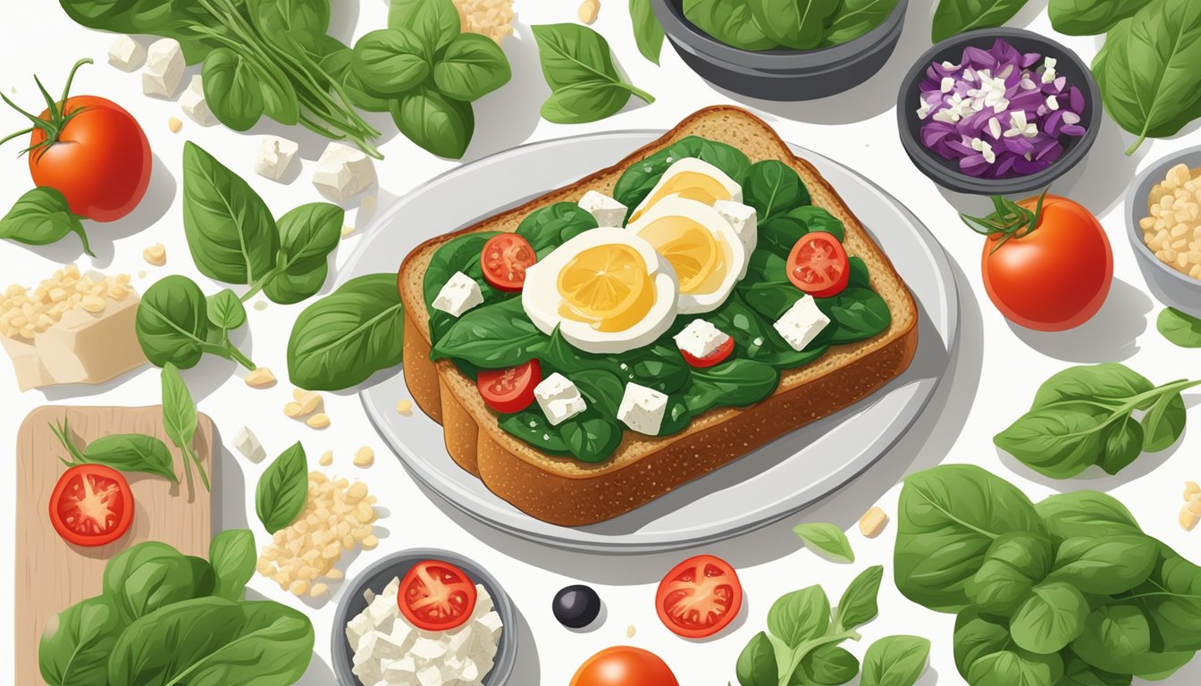 A slice of whole grain toast topped with spinach and feta cheese, surrounded by fresh ingredients like tomatoes and herbs