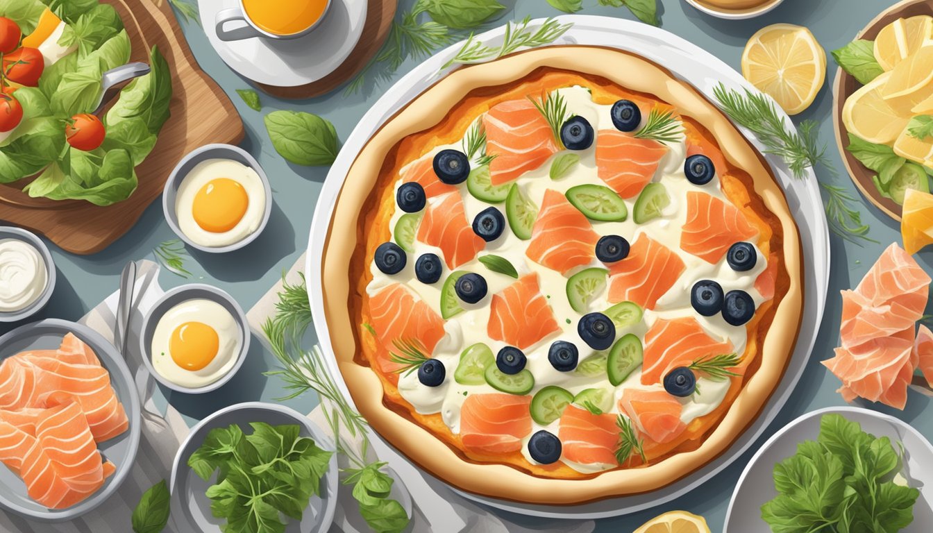 A colorful breakfast pizza topped with smoked salmon and cream cheese, surrounded by fresh ingredients and a warm, inviting atmosphere